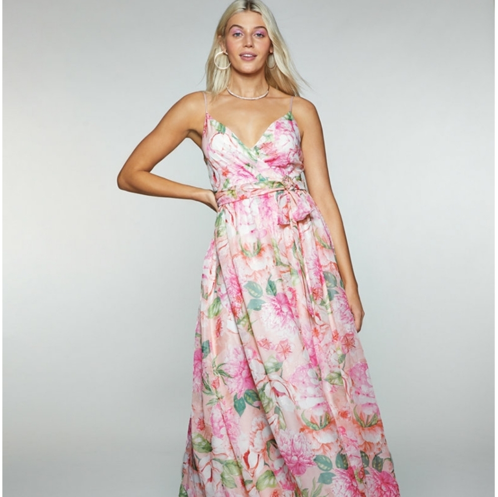 Trixxi Juniors' Floral-Print Belted Crossover Gown